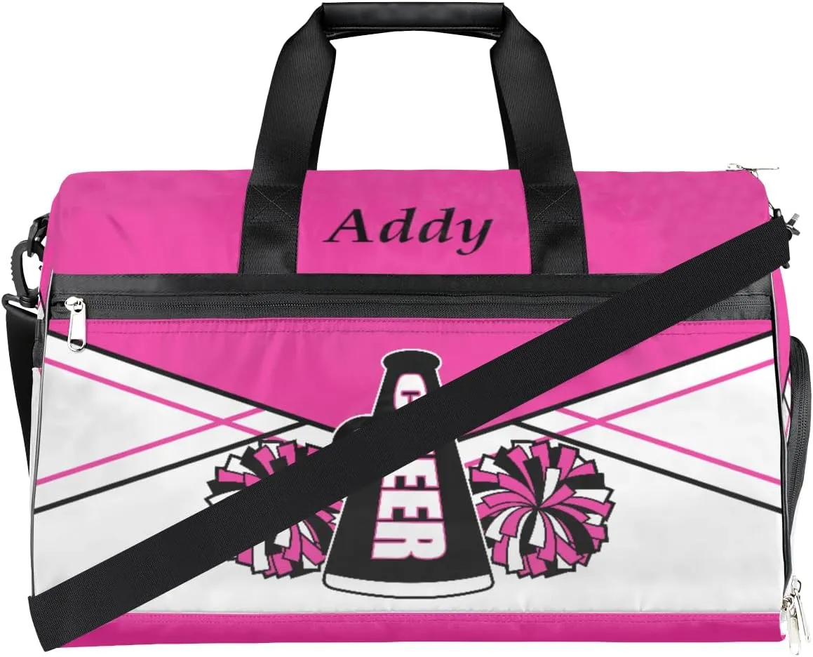 Personalized Cheer Duffel Bag for Girl Women, Custom Name Sport Gym Bag with Shoes Compartment Dance Bag Yoga Overnight Weekender Bag DeepPink White Cheerleader
