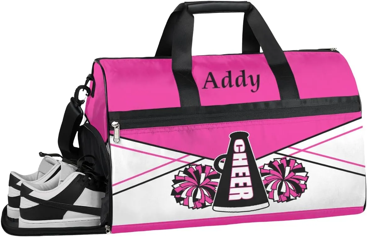 Personalized Cheer Duffel Bag for Girl Women, Custom Name Sport Gym Bag with Shoes Compartment Dance Bag Yoga Overnight Weekender Bag DeepPink White Cheerleader
