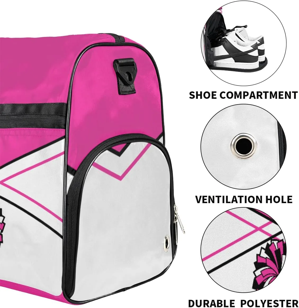 Personalized Cheer Duffel Bag for Girl Women, Custom Name Sport Gym Bag with Shoes Compartment Dance Bag Yoga Overnight Weekender Bag DeepPink White Cheerleader