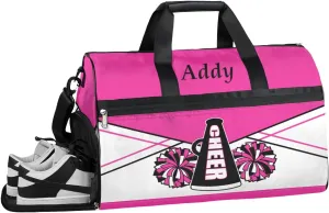 Personalized Cheer Duffel Bag for Girl Women, Custom Name Sport Gym Bag with Shoes Compartment Dance Bag Yoga Overnight Weekender Bag DeepPink White Cheerleader