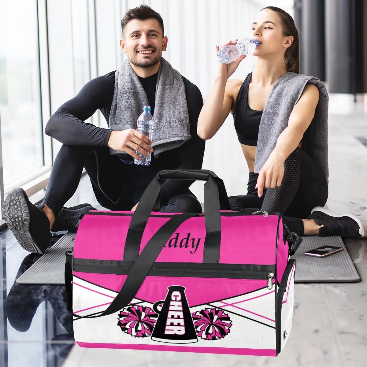 Personalized Cheer Duffel Bag for Girl Women, Custom Name Sport Gym Bag with Shoes Compartment Dance Bag Yoga Overnight Weekender Bag DeepPink White Cheerleader