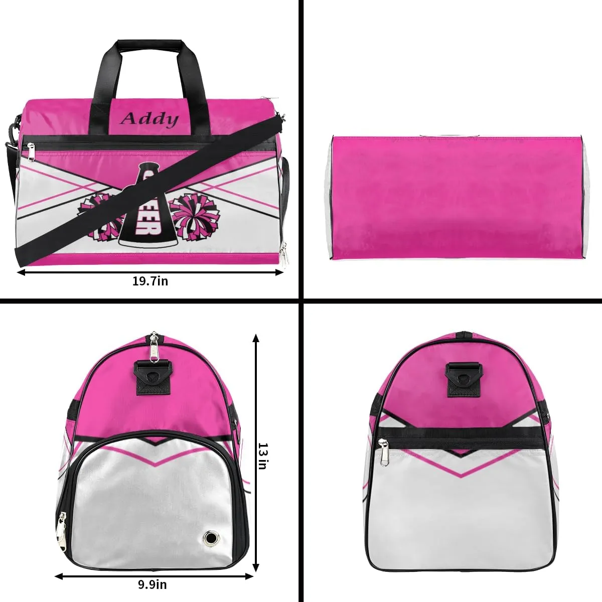 Personalized Cheer Duffel Bag for Girl Women, Custom Name Sport Gym Bag with Shoes Compartment Dance Bag Yoga Overnight Weekender Bag DeepPink White Cheerleader