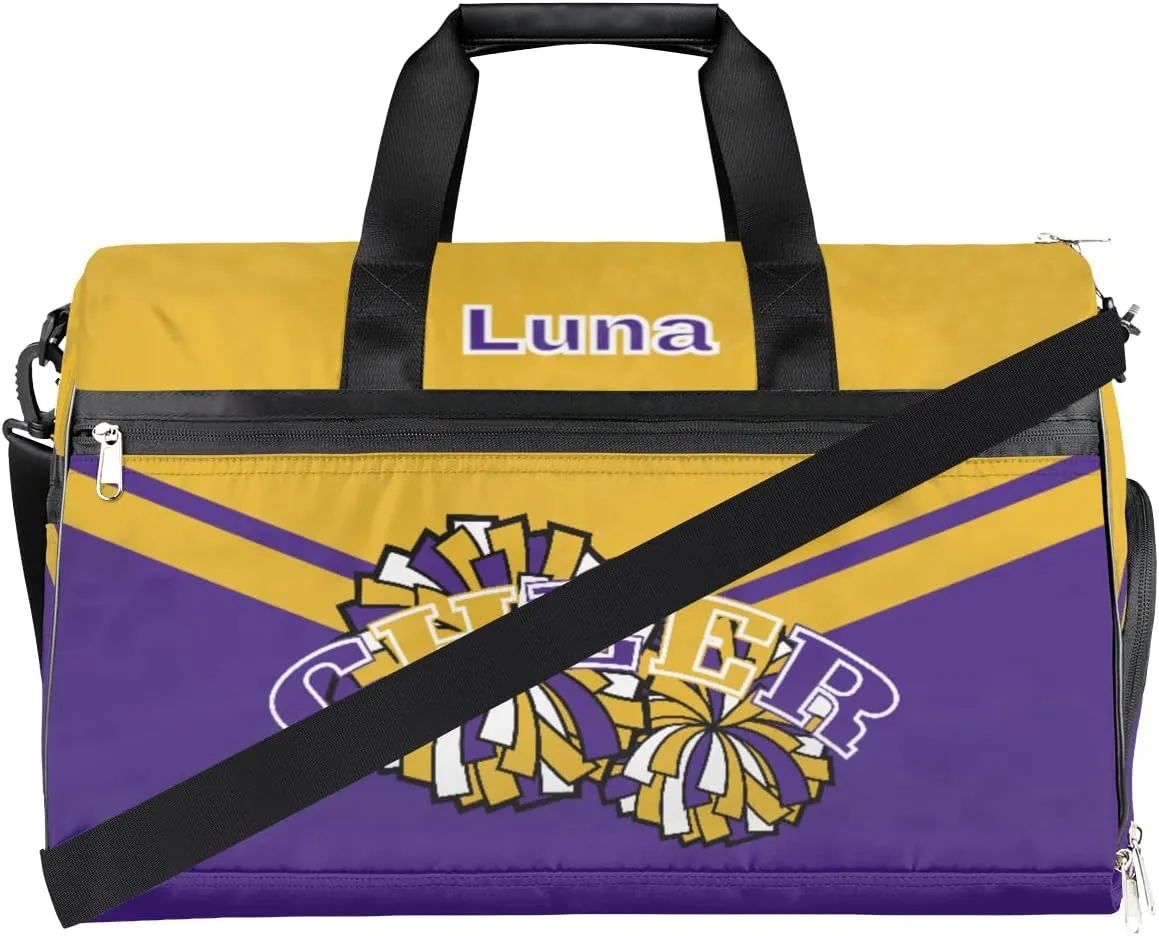 Personalized Cheerleaders Duffel Bag for Girl Women, Custom Name Sport Gym Bag with Shoes Compartment Dance Bag Yoga Overnight Weekender Bag Yellow Purple Cheer