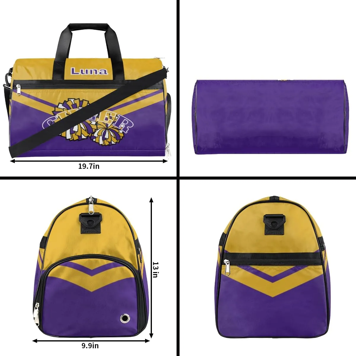 Personalized Cheerleaders Duffel Bag for Girl Women, Custom Name Sport Gym Bag with Shoes Compartment Dance Bag Yoga Overnight Weekender Bag Yellow Purple Cheer