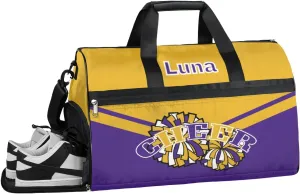 Personalized Cheerleaders Duffel Bag for Girl Women, Custom Name Sport Gym Bag with Shoes Compartment Dance Bag Yoga Overnight Weekender Bag Yellow Purple Cheer