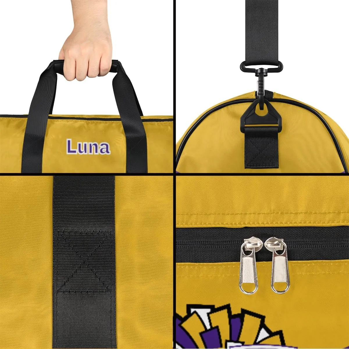Personalized Cheerleaders Duffel Bag for Girl Women, Custom Name Sport Gym Bag with Shoes Compartment Dance Bag Yoga Overnight Weekender Bag Yellow Purple Cheer