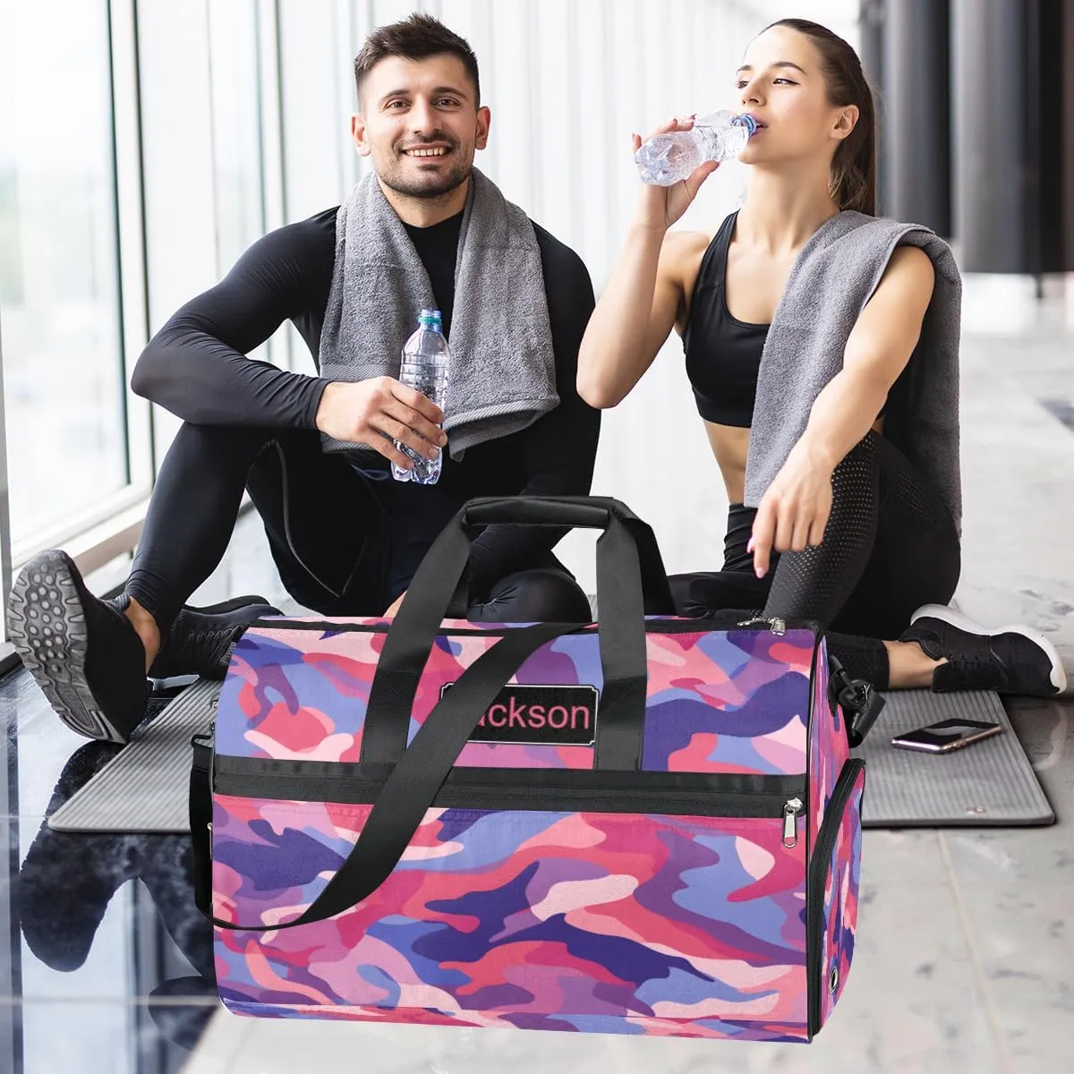 Personalized Cool Camouflage Sport Duffel Bag for Boys Girls Women Men, Custom Name Army Camo Gym Duffle Bag with Shoes Compartment Dance Bag Overnight Weekender Bag