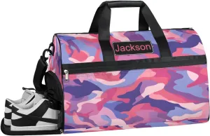 Personalized Cool Camouflage Sport Duffel Bag for Boys Girls Women Men, Custom Name Army Camo Gym Duffle Bag with Shoes Compartment Dance Bag Overnight Weekender Bag