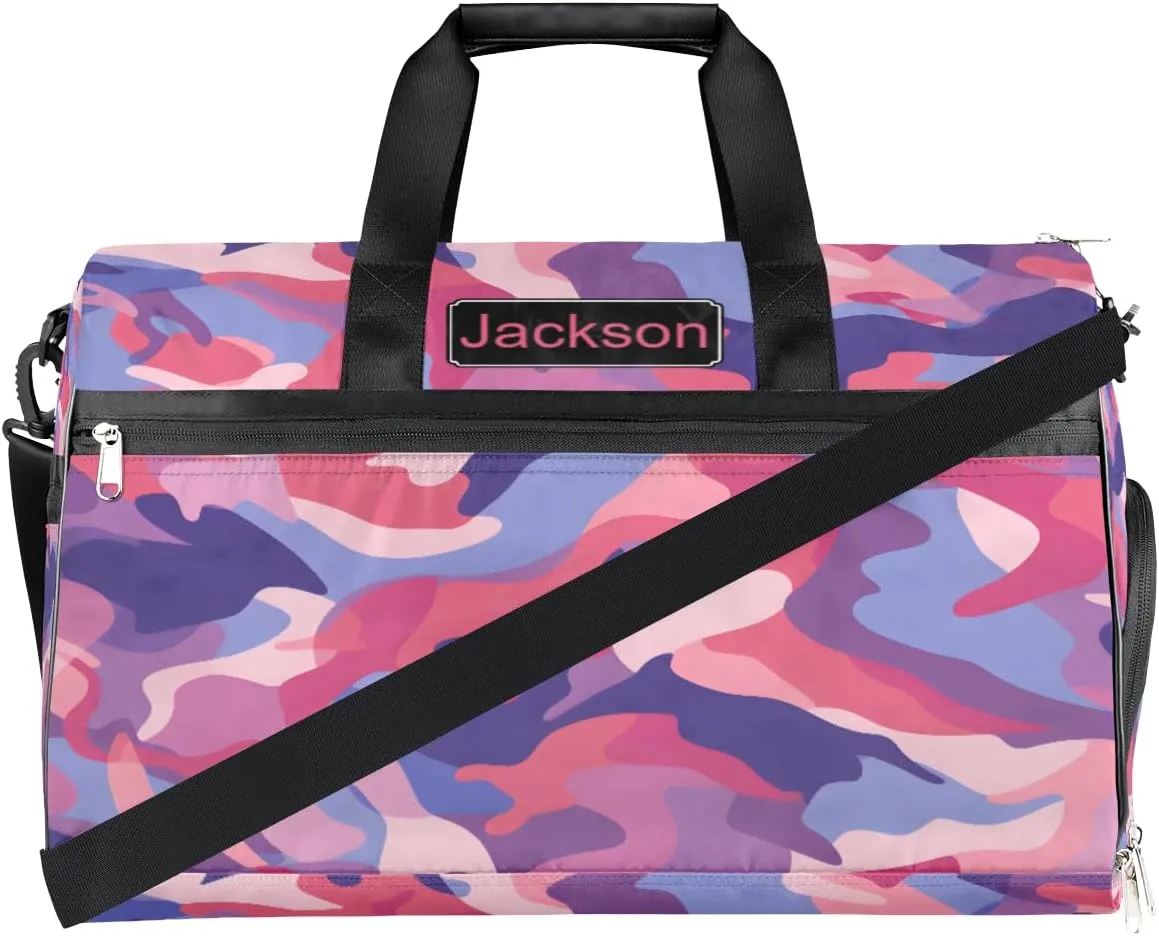 Personalized Cool Camouflage Sport Duffel Bag for Boys Girls Women Men, Custom Name Army Camo Gym Duffle Bag with Shoes Compartment Dance Bag Overnight Weekender Bag