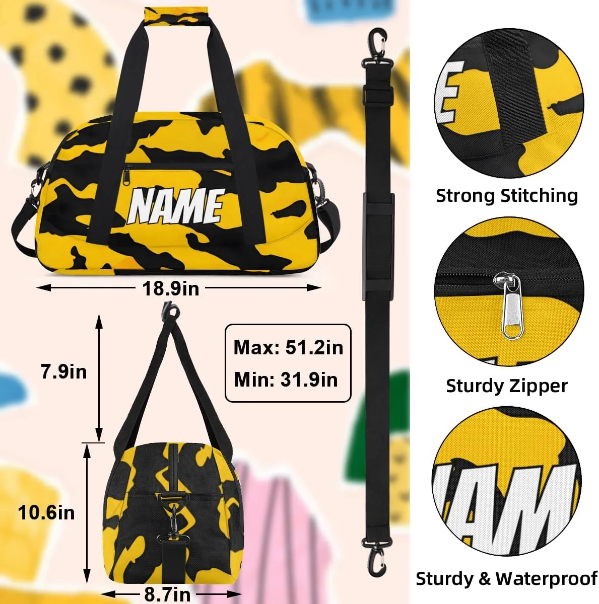 Personalized Custom Gym Bag for Women Men Carry on Camouflage Pattern Travel Duffel Tote Black Yellow Overnight Workout Weekender Bag
