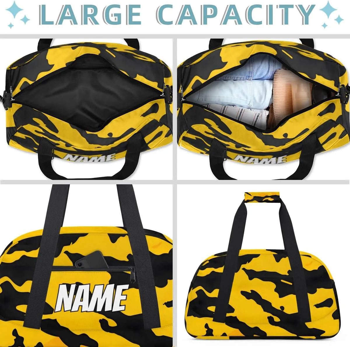 Personalized Custom Gym Bag for Women Men Carry on Camouflage Pattern Travel Duffel Tote Black Yellow Overnight Workout Weekender Bag