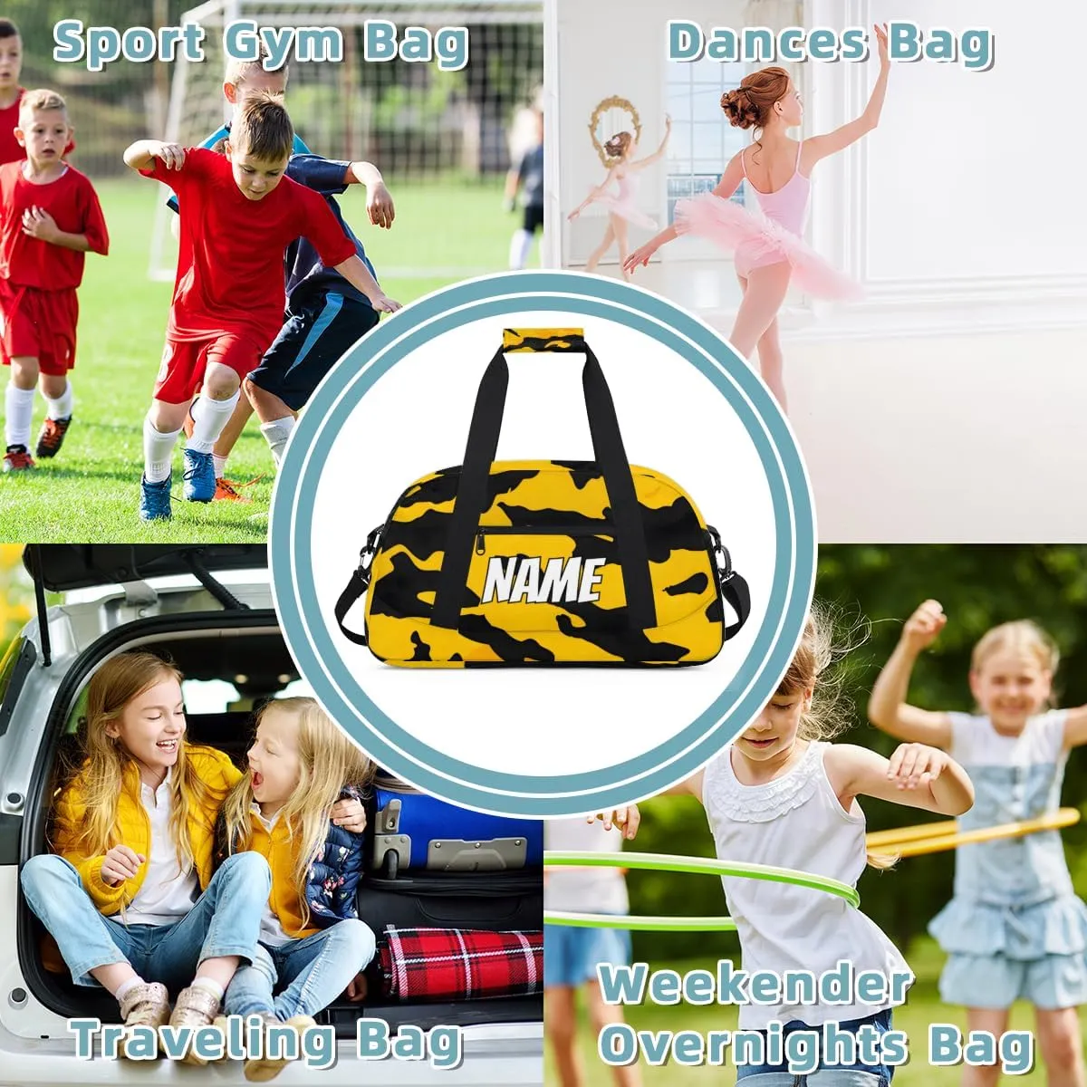 Personalized Custom Gym Bag for Women Men Carry on Camouflage Pattern Travel Duffel Tote Black Yellow Overnight Workout Weekender Bag