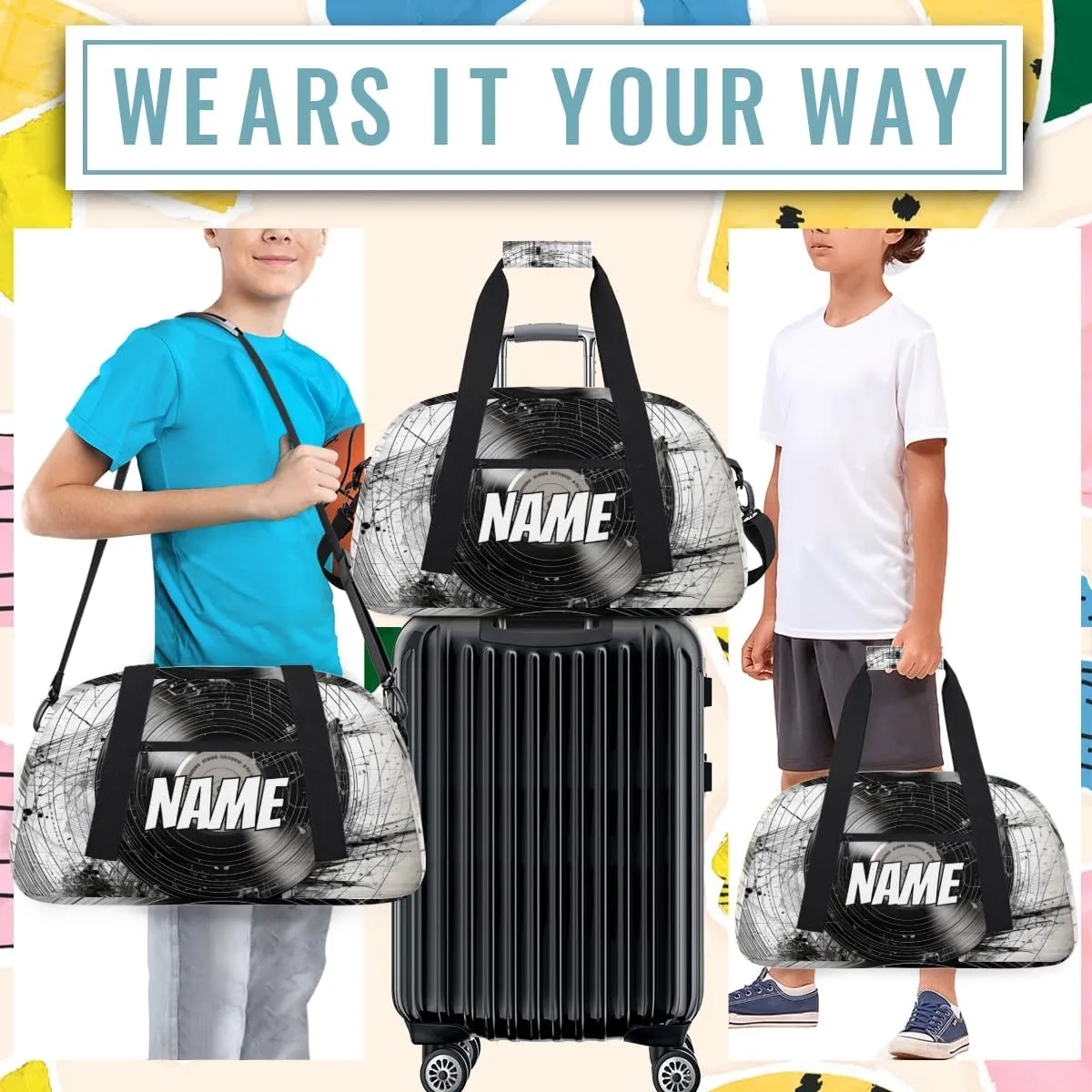 Personalized Custom Gym Bag for Women Men Carry on Disc Record Travel Duffel Tote Black Grey Overnight Workout Weekender Bag