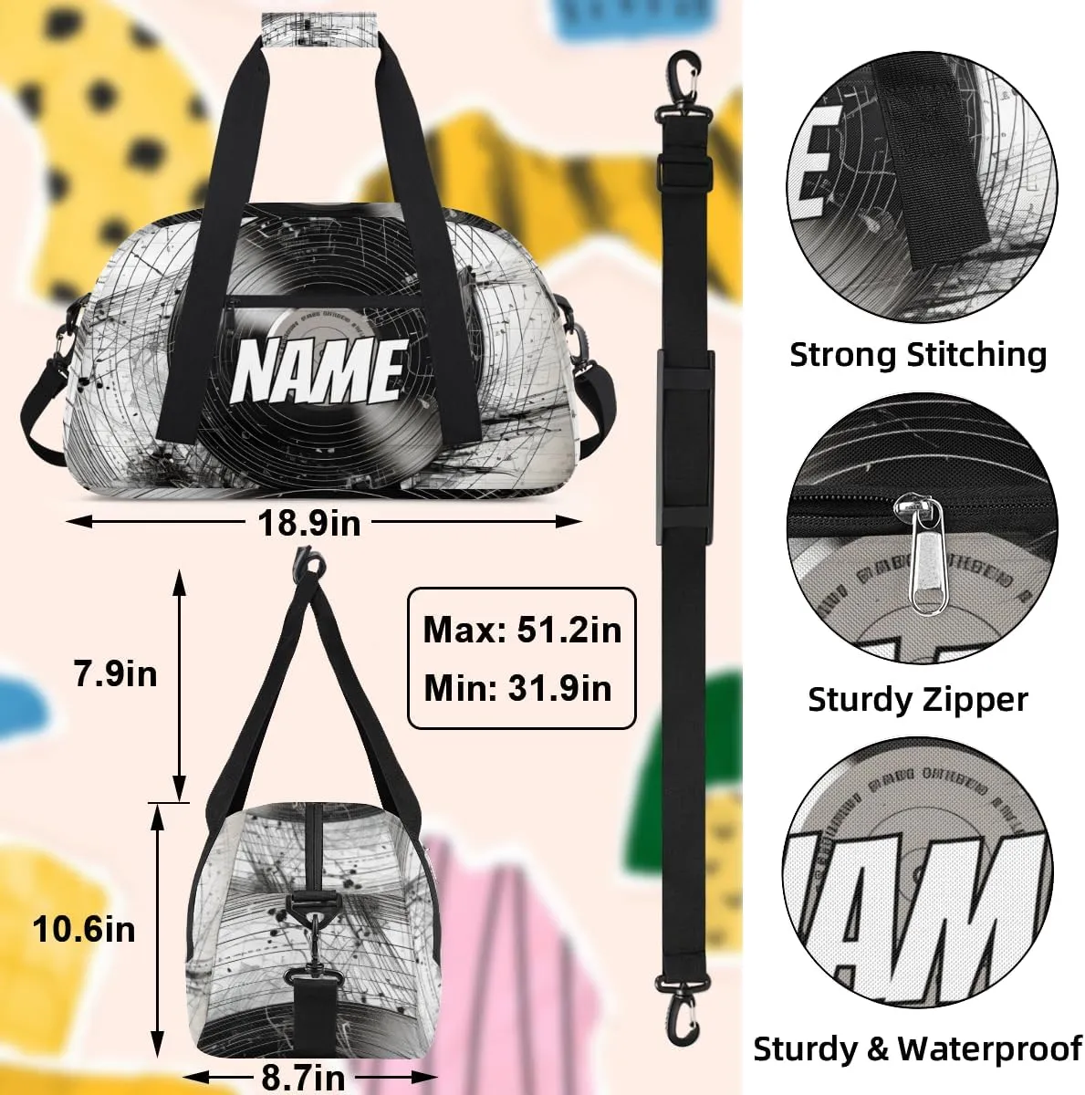 Personalized Custom Gym Bag for Women Men Carry on Disc Record Travel Duffel Tote Black Grey Overnight Workout Weekender Bag