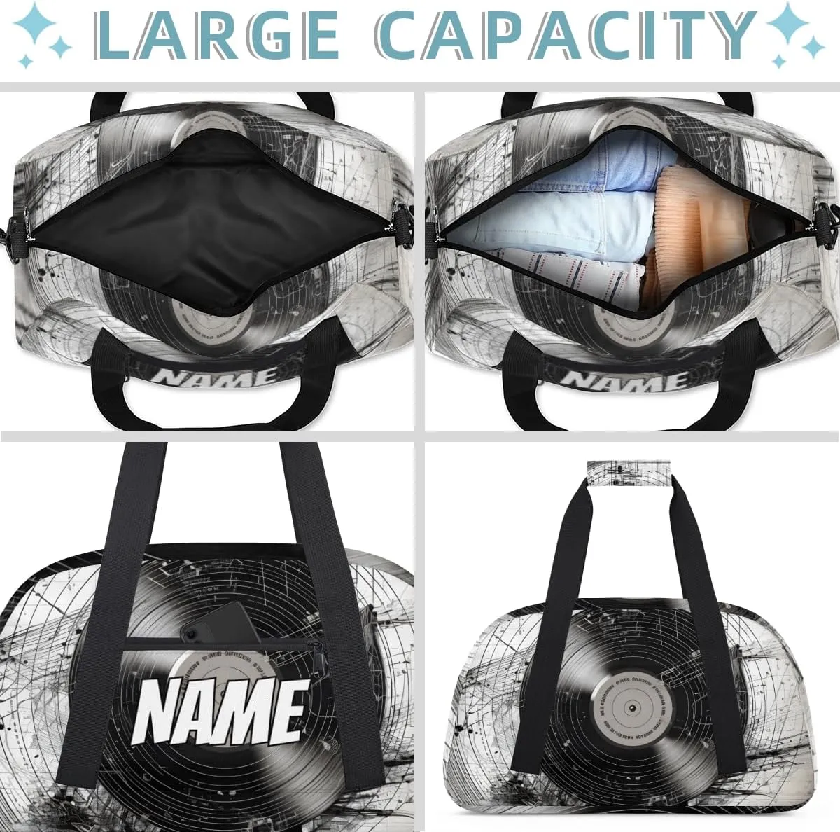 Personalized Custom Gym Bag for Women Men Carry on Disc Record Travel Duffel Tote Black Grey Overnight Workout Weekender Bag