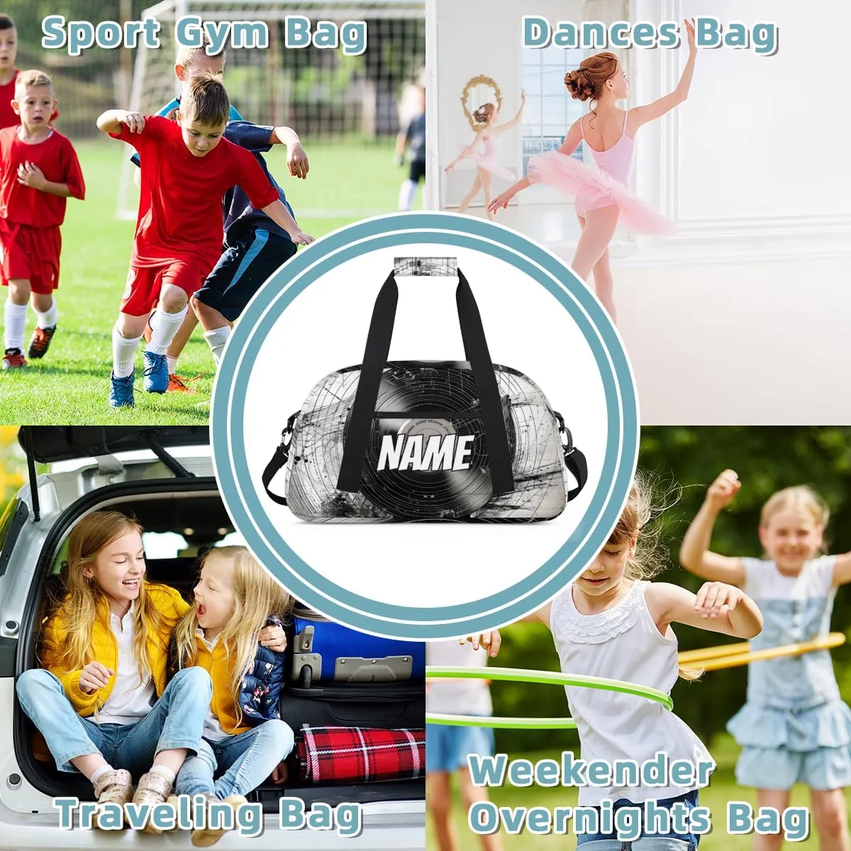 Personalized Custom Gym Bag for Women Men Carry on Disc Record Travel Duffel Tote Black Grey Overnight Workout Weekender Bag