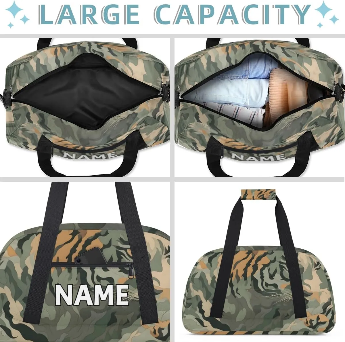 Personalized Custom Gym Bag for Women Men Carry on Tiger Camouflage Travel Duffel Tote Green Jungle Overnight Workout Weekender Bag