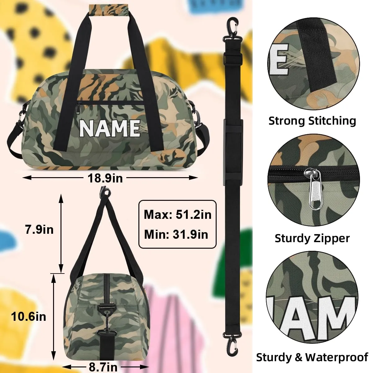 Personalized Custom Gym Bag for Women Men Carry on Tiger Camouflage Travel Duffel Tote Green Jungle Overnight Workout Weekender Bag
