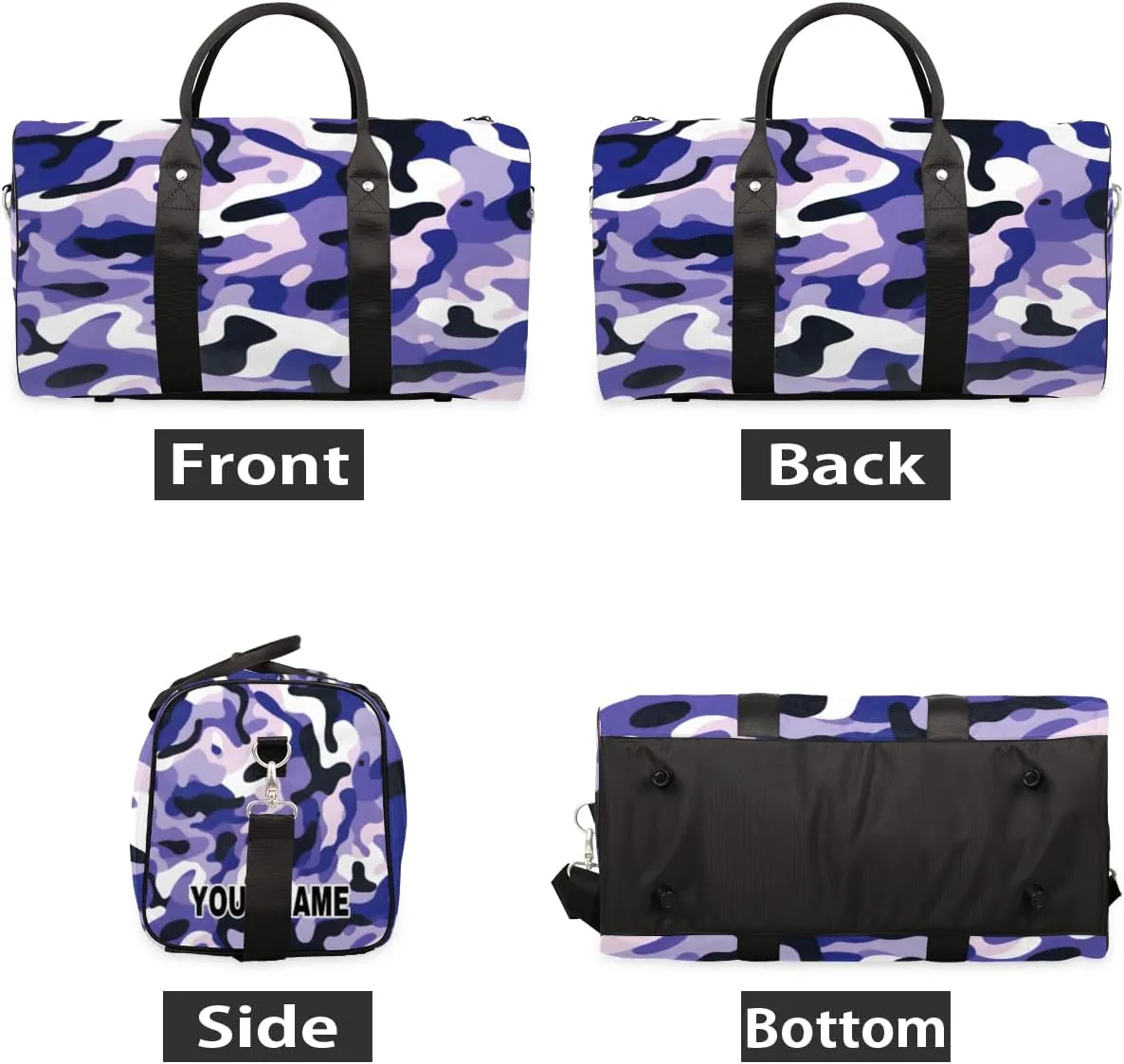 Personalized Custom Travel Duffel Bag, Sports Gym Bag Duffle Bags, Foldable Dance Bag Weekender Overnight Bag Carry On Tote Bag Luggage Handbag for Men Women, Purple Black Camouflage