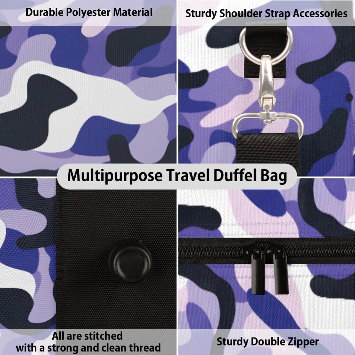 Personalized Custom Travel Duffel Bag, Sports Gym Bag Duffle Bags, Foldable Dance Bag Weekender Overnight Bag Carry On Tote Bag Luggage Handbag for Men Women, Purple Black Camouflage