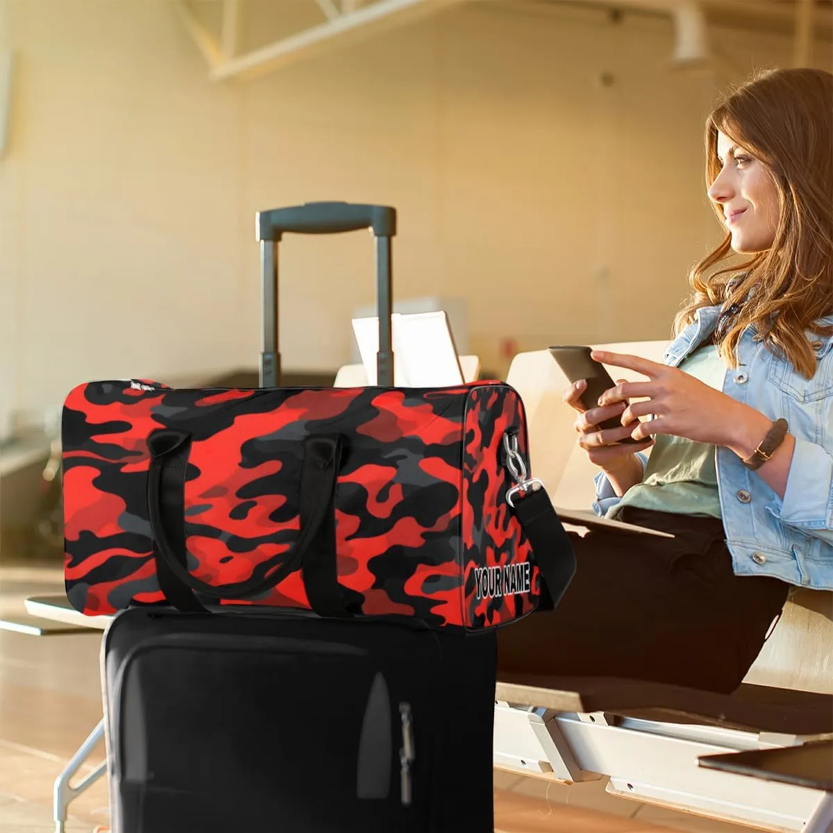 Personalized Custom Travel Duffel Bag, Sports Gym Bag Duffle Bags, Foldable Dance Bag Weekender Overnight Bag Carry On Tote Bag Luggage Handbag for Men Women, Red Black Camouflage