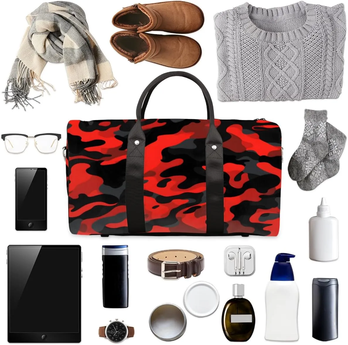 Personalized Custom Travel Duffel Bag, Sports Gym Bag Duffle Bags, Foldable Dance Bag Weekender Overnight Bag Carry On Tote Bag Luggage Handbag for Men Women, Red Black Camouflage
