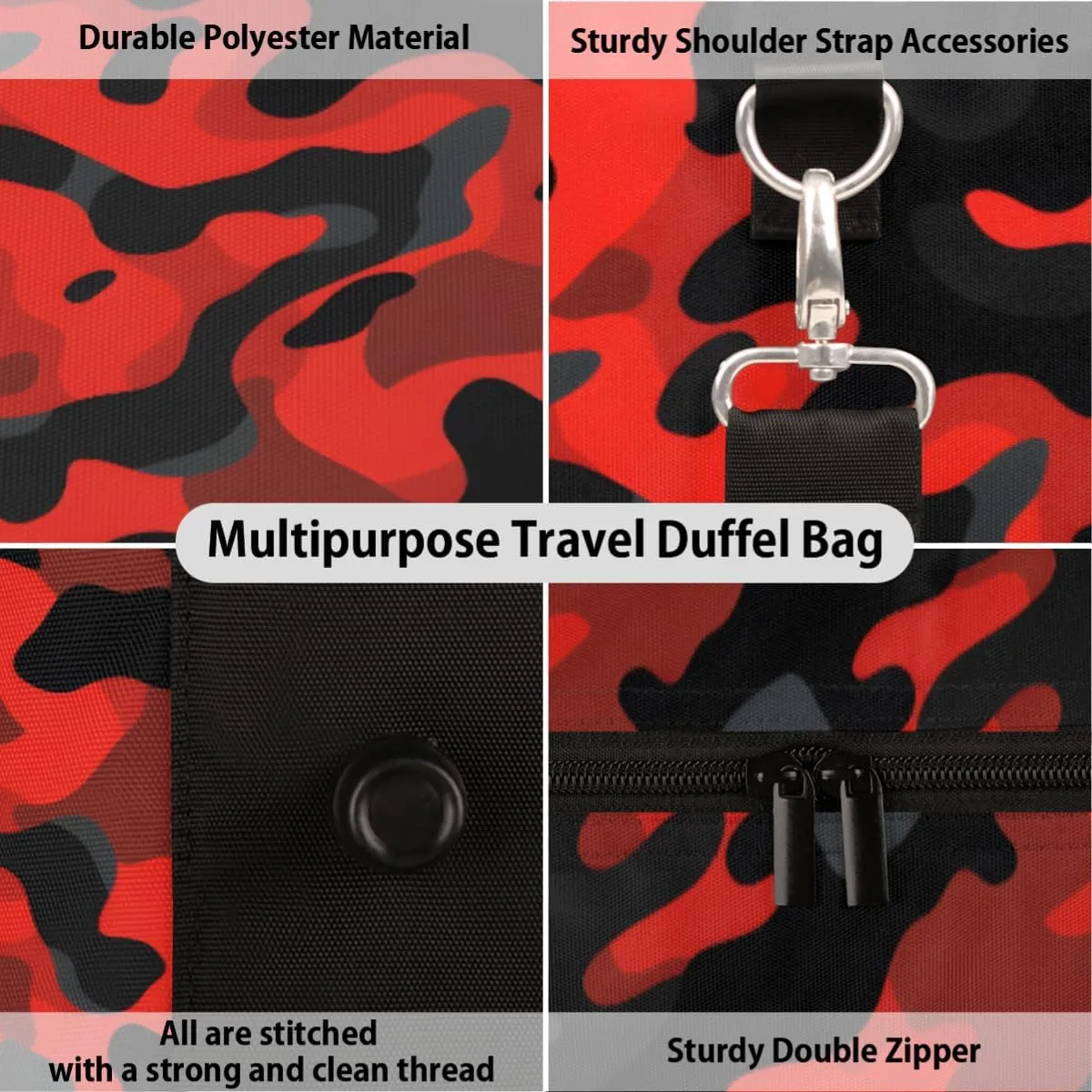 Personalized Custom Travel Duffel Bag, Sports Gym Bag Duffle Bags, Foldable Dance Bag Weekender Overnight Bag Carry On Tote Bag Luggage Handbag for Men Women, Red Black Camouflage