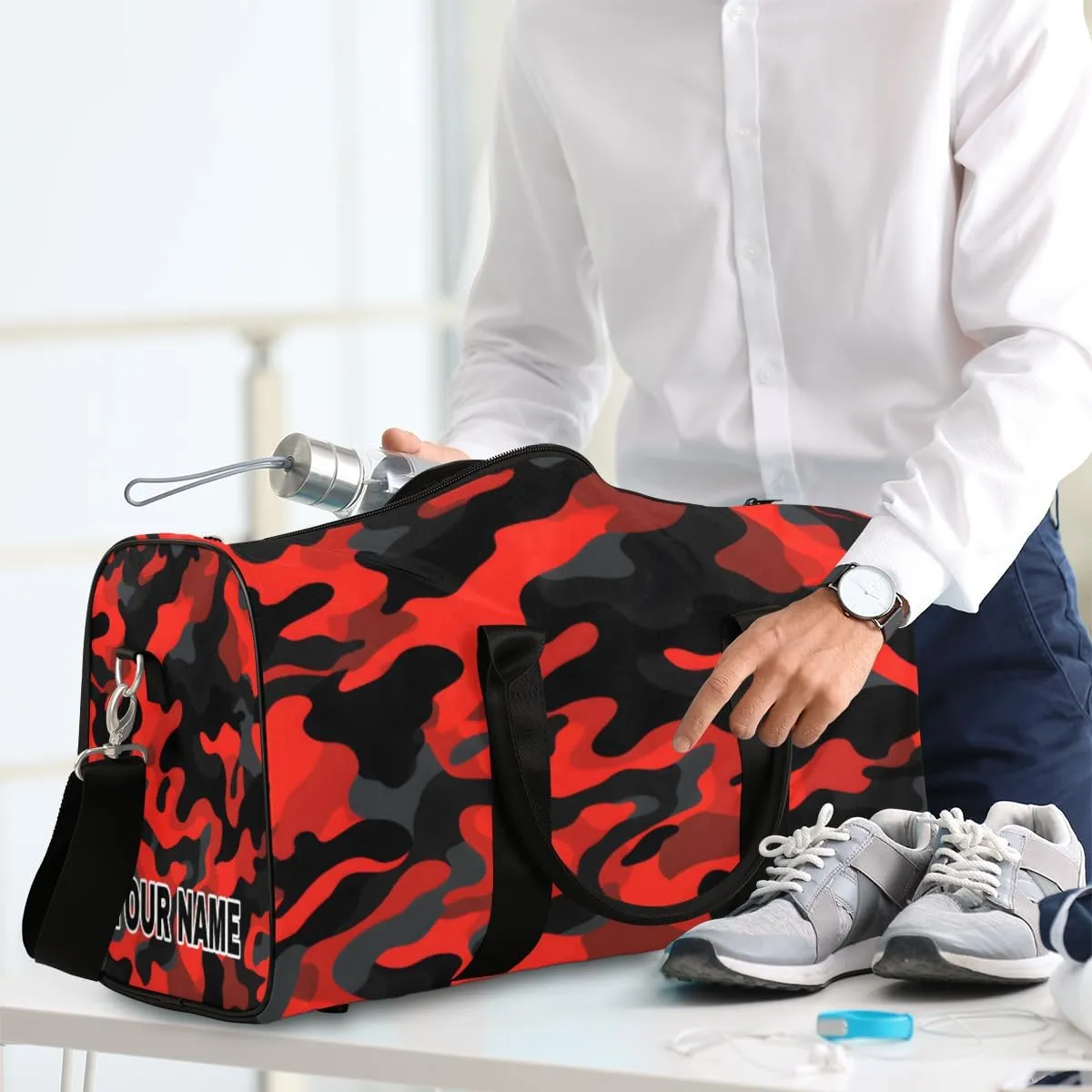 Personalized Custom Travel Duffel Bag, Sports Gym Bag Duffle Bags, Foldable Dance Bag Weekender Overnight Bag Carry On Tote Bag Luggage Handbag for Men Women, Red Black Camouflage