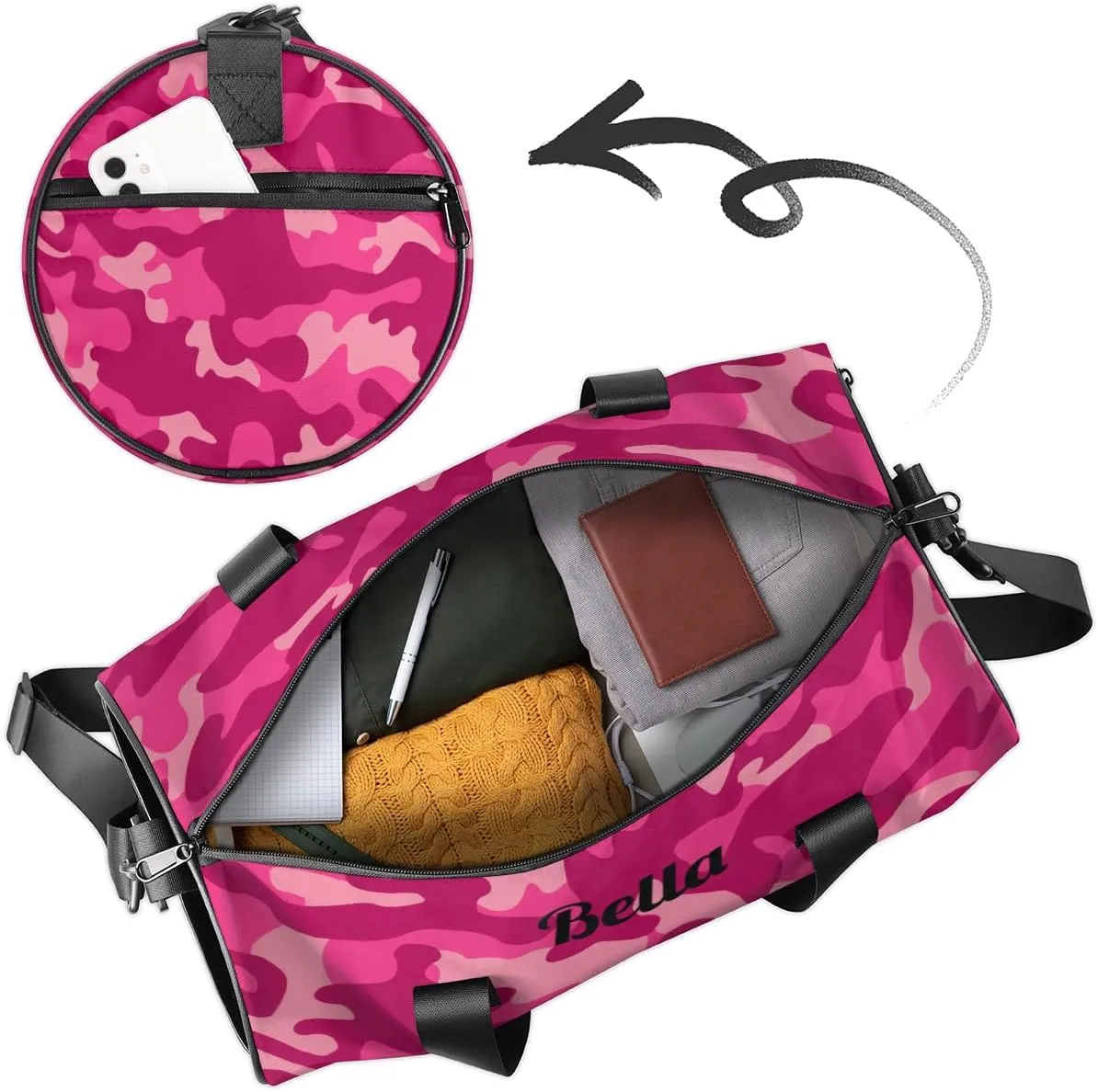 Personalized Dance Bag Gym Bag for Girls Boys, Personalized Custom Sports Gym Bag, Cylindrical Kids Travel Duffel Bags Weekender Overnight Bag for Teen Kids, Pink Camo Camouflage Pattern