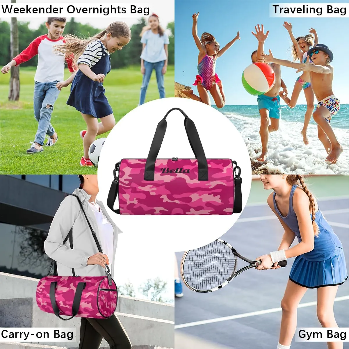 Personalized Dance Bag Gym Bag for Girls Boys, Personalized Custom Sports Gym Bag, Cylindrical Kids Travel Duffel Bags Weekender Overnight Bag for Teen Kids, Pink Camo Camouflage Pattern
