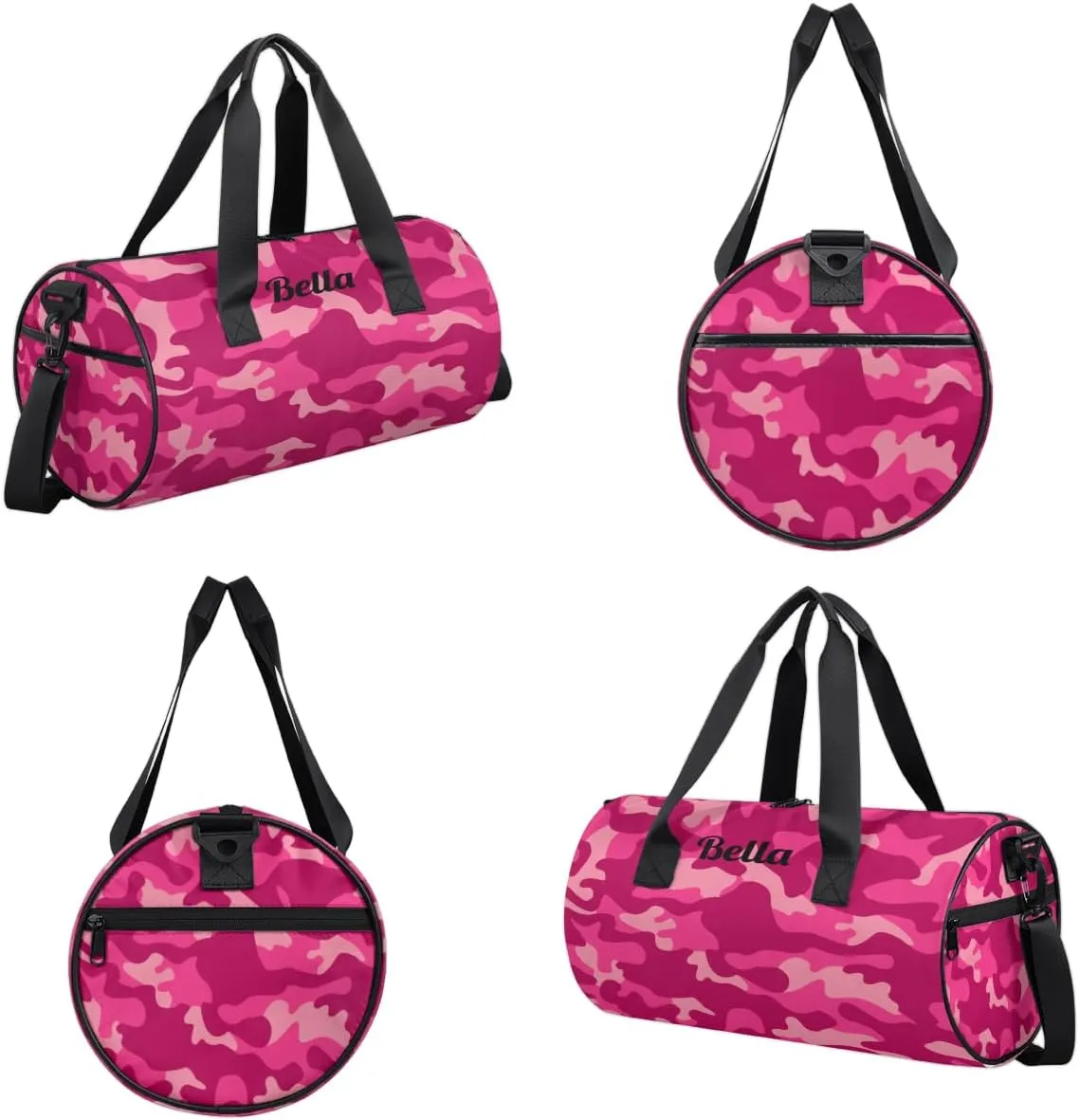 Personalized Dance Bag Gym Bag for Girls Boys, Personalized Custom Sports Gym Bag, Cylindrical Kids Travel Duffel Bags Weekender Overnight Bag for Teen Kids, Pink Camo Camouflage Pattern