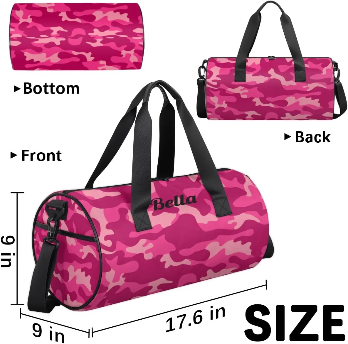 Personalized Dance Bag Gym Bag for Girls Boys, Personalized Custom Sports Gym Bag, Cylindrical Kids Travel Duffel Bags Weekender Overnight Bag for Teen Kids, Pink Camo Camouflage Pattern