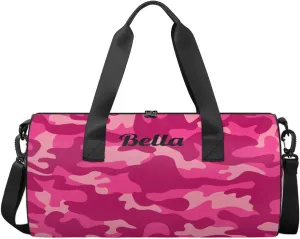 Personalized Dance Bag Gym Bag for Girls Boys, Personalized Custom Sports Gym Bag, Cylindrical Kids Travel Duffel Bags Weekender Overnight Bag for Teen Kids, Pink Camo Camouflage Pattern