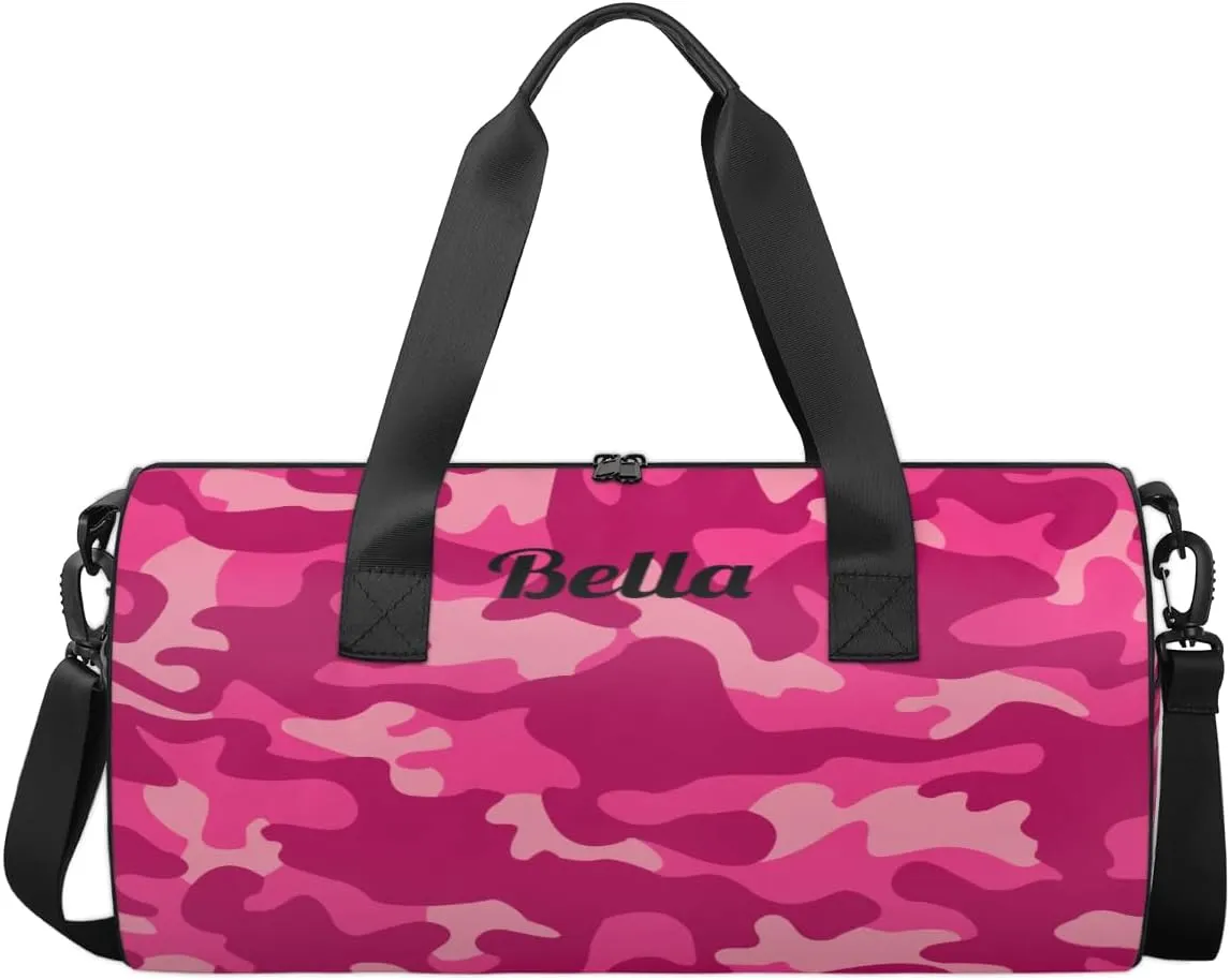 Personalized Dance Bag Gym Bag for Girls Boys, Personalized Custom Sports Gym Bag, Cylindrical Kids Travel Duffel Bags Weekender Overnight Bag for Teen Kids, Pink Camo Camouflage Pattern