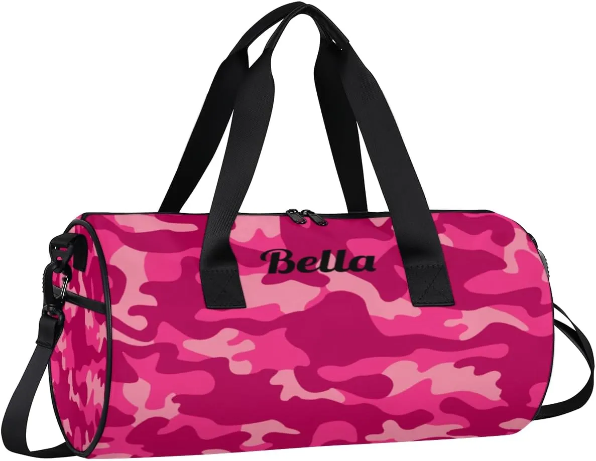 Personalized Dance Bag Gym Bag for Girls Boys, Personalized Custom Sports Gym Bag, Cylindrical Kids Travel Duffel Bags Weekender Overnight Bag for Teen Kids, Pink Camo Camouflage Pattern