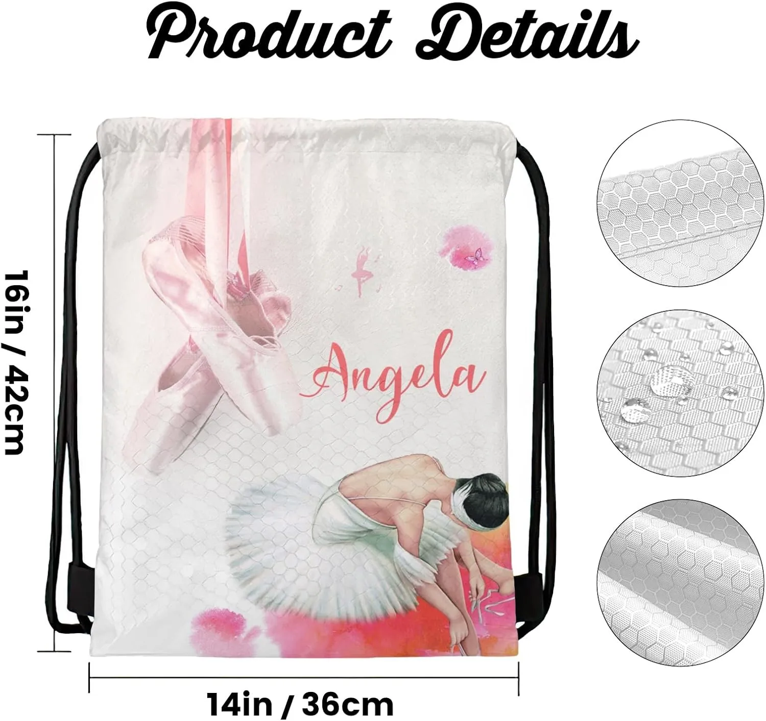 Personalized Name Drawstring Backpack Ballet Dancer Shoes Casual Waterproof Bag for Competition Swimming Gift