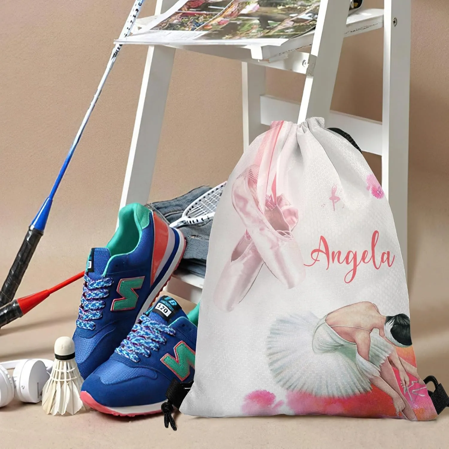 Personalized Name Drawstring Backpack Ballet Dancer Shoes Casual Waterproof Bag for Competition Swimming Gift