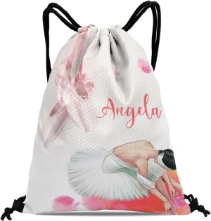 Personalized Name Drawstring Backpack Ballet Dancer Shoes Casual Waterproof Bag for Competition Swimming Gift
