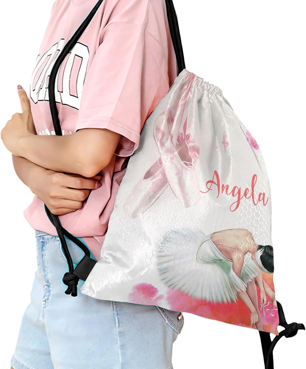 Personalized Name Drawstring Backpack Ballet Dancer Shoes Casual Waterproof Bag for Competition Swimming Gift