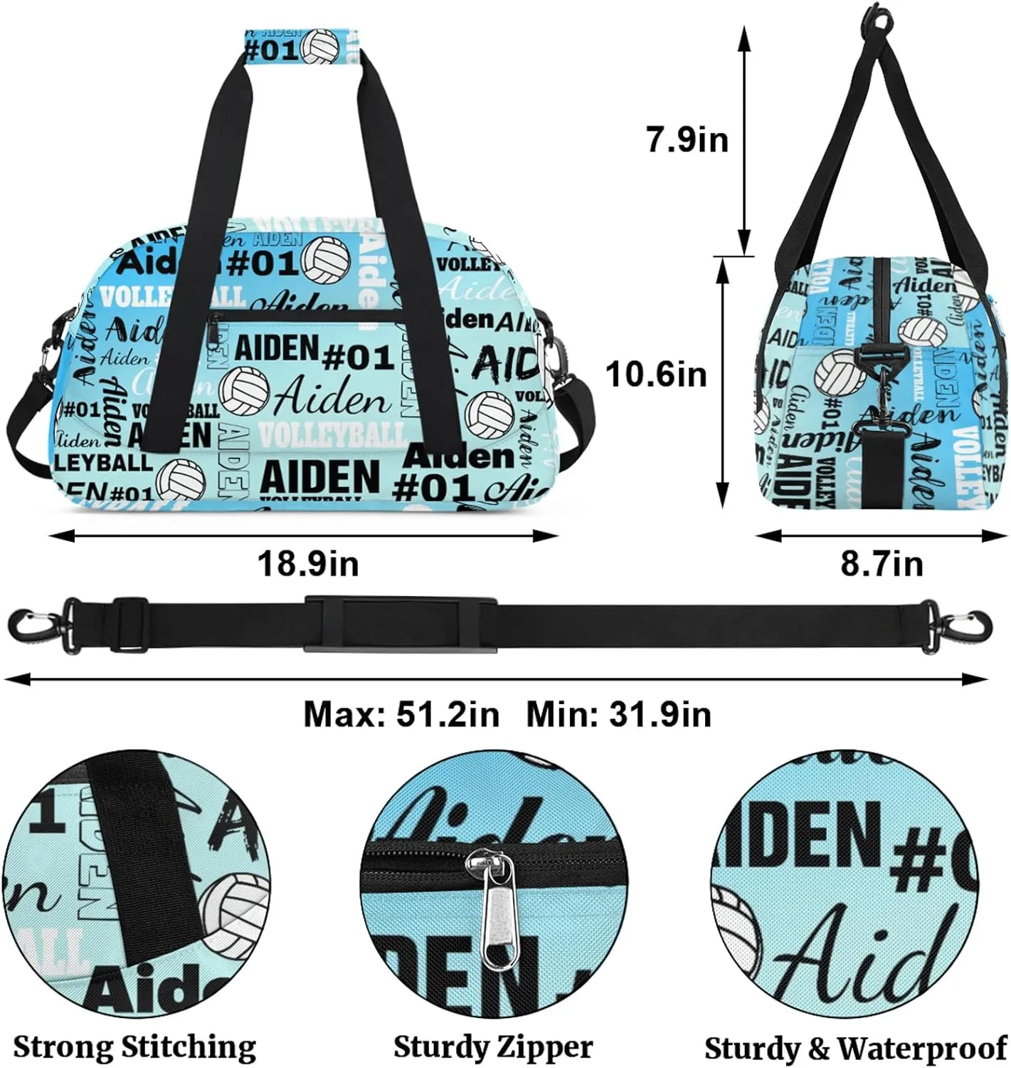 Personalized Name Volleyball Duffle Bags Custom Number Sport Ball Sports Gym Bag Weekender Overnight Training Bag, Gradient Blue