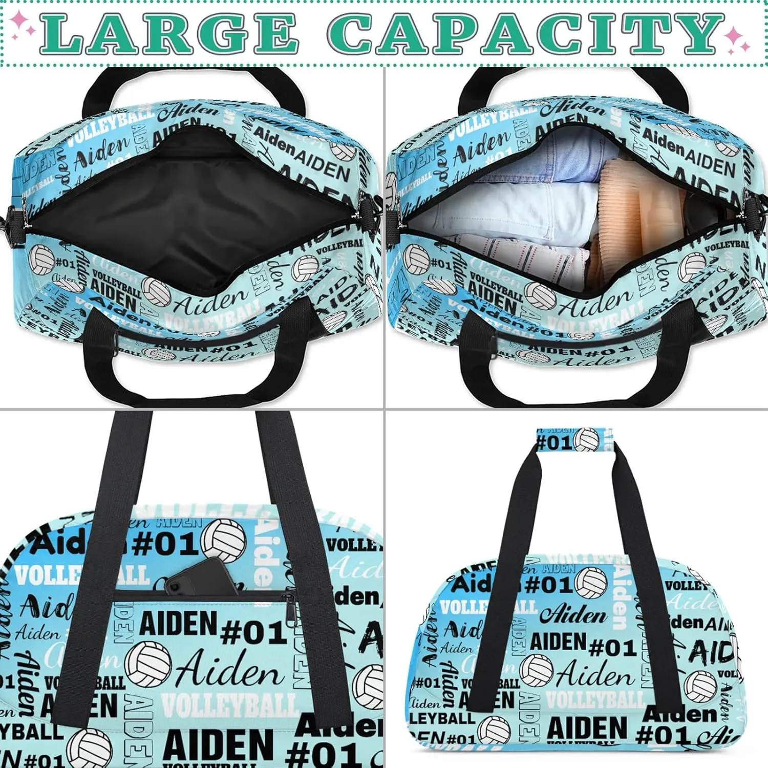 Personalized Name Volleyball Duffle Bags Custom Number Sport Ball Sports Gym Bag Weekender Overnight Training Bag, Gradient Blue