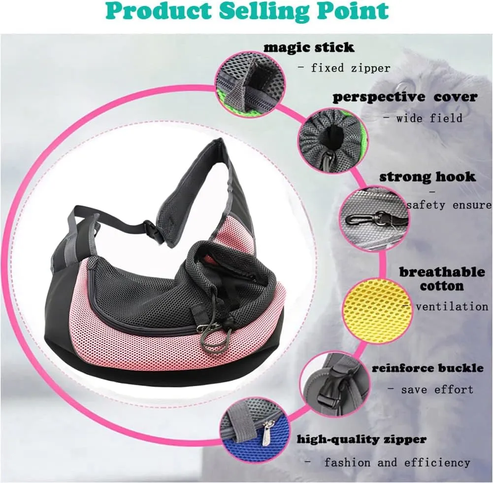 Pet Dog Sling Carrier, Breathable Mesh Portable Travel Safe Pet Sling Shoulder Bag Carrier with Adjustable Non-Slip Shoulder Strap for Small Dogs Cats Puppy (Small, Pink)
