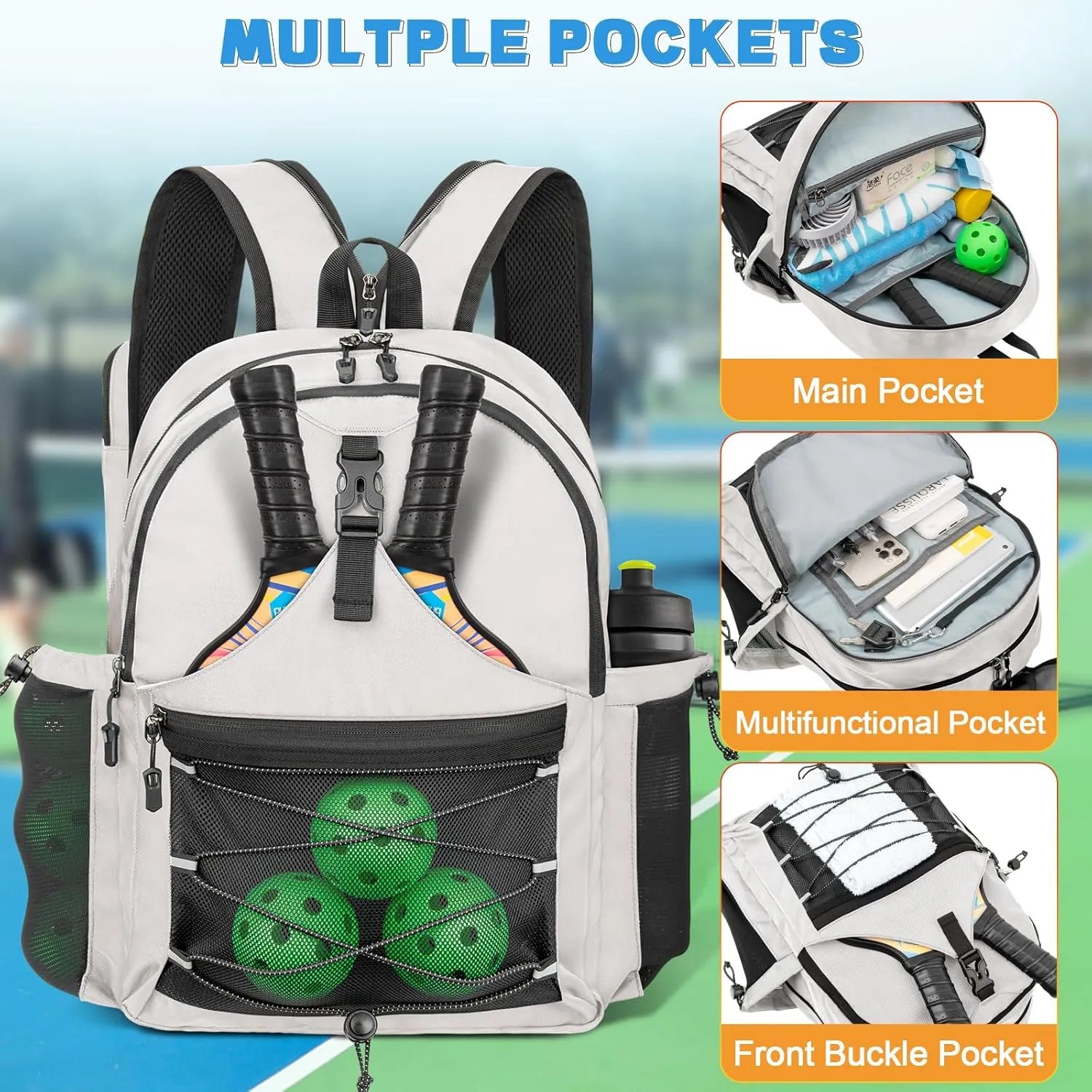 Pickleball Bag, Pickleball Backpack for Men Women, Large Capacity Sports Pickleball Paddle Bag, Adjustable Crossbody Sling Bag Pickle Ball Bag with Fence Hook Water Bottle Holder