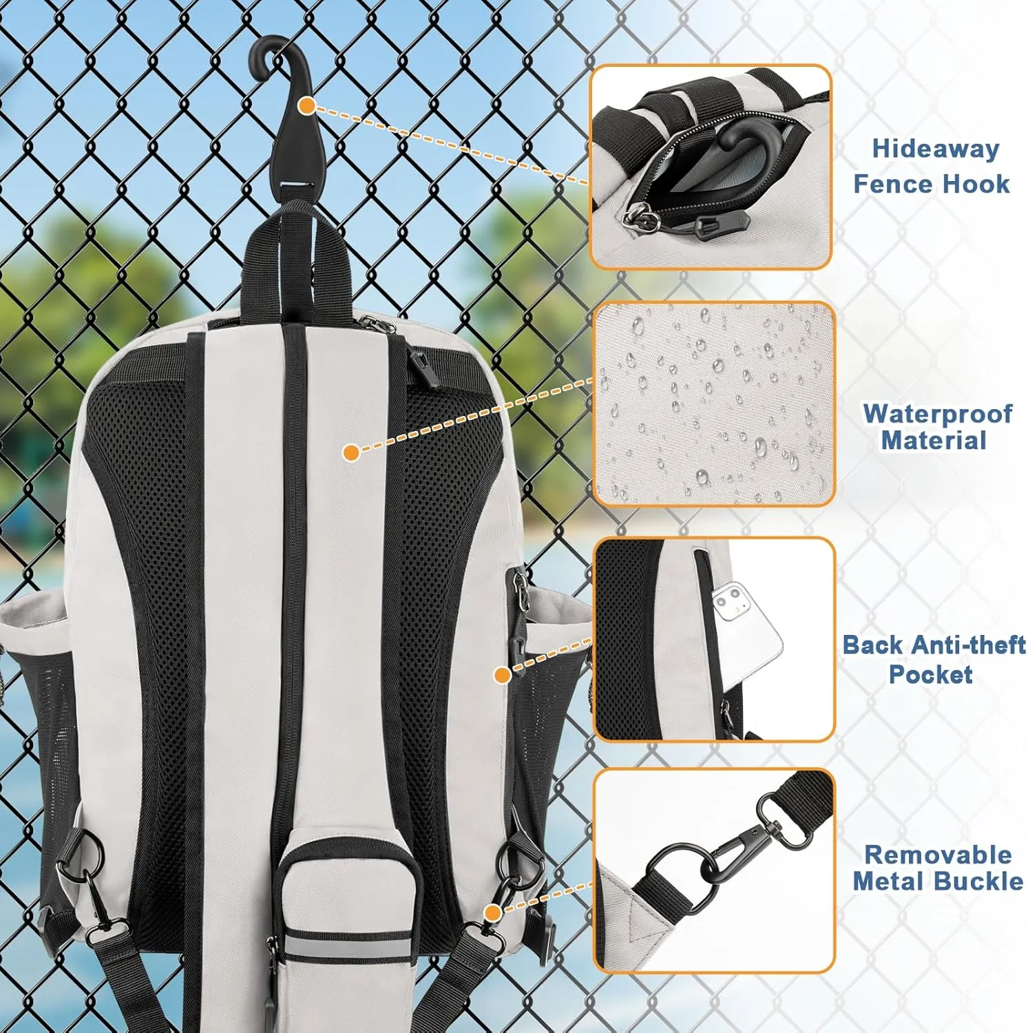 Pickleball Bag, Pickleball Backpack for Men Women, Large Capacity Sports Pickleball Paddle Bag, Adjustable Crossbody Sling Bag Pickle Ball Bag with Fence Hook Water Bottle Holder