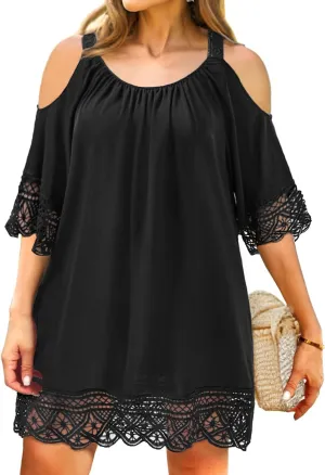 Pinup Fashion Plus Size Swimsuit Cover Up Women Cold Shoulder Beach Bathing Suit Cover-Ups Dress