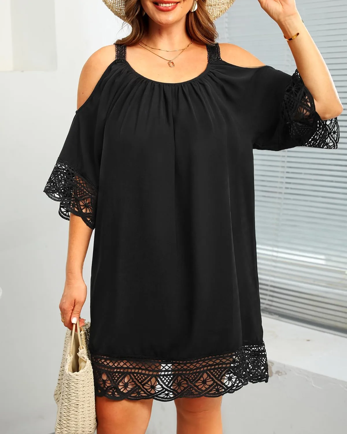 Pinup Fashion Plus Size Swimsuit Cover Up Women Cold Shoulder Beach Bathing Suit Cover-Ups Dress