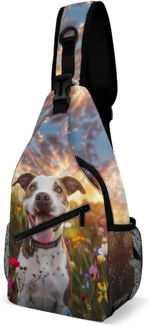 Pit-bull Dog Flowers Crossbody Sling Bag Novelty Chest Bags Shoulder Backpack For Travel Hiking