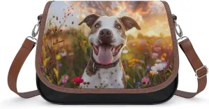 Pit-Bull Dog Flowers Funny Women's Crossbody Bags Novelty Leather Purse Handbag Shoulder Bag