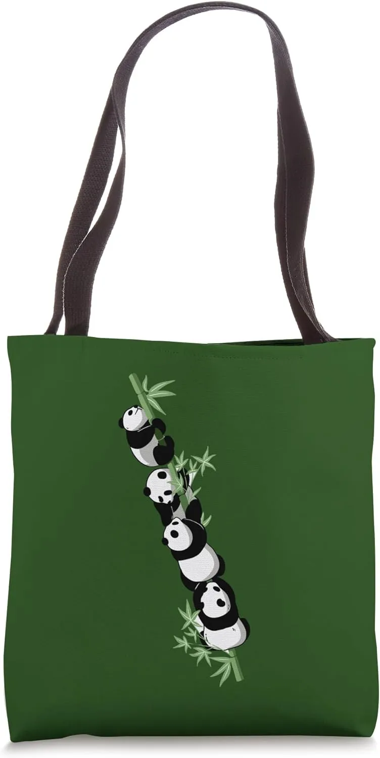 Playful Pandas Climbing a Bamboo Stalk with Green Leaves Tote Bag