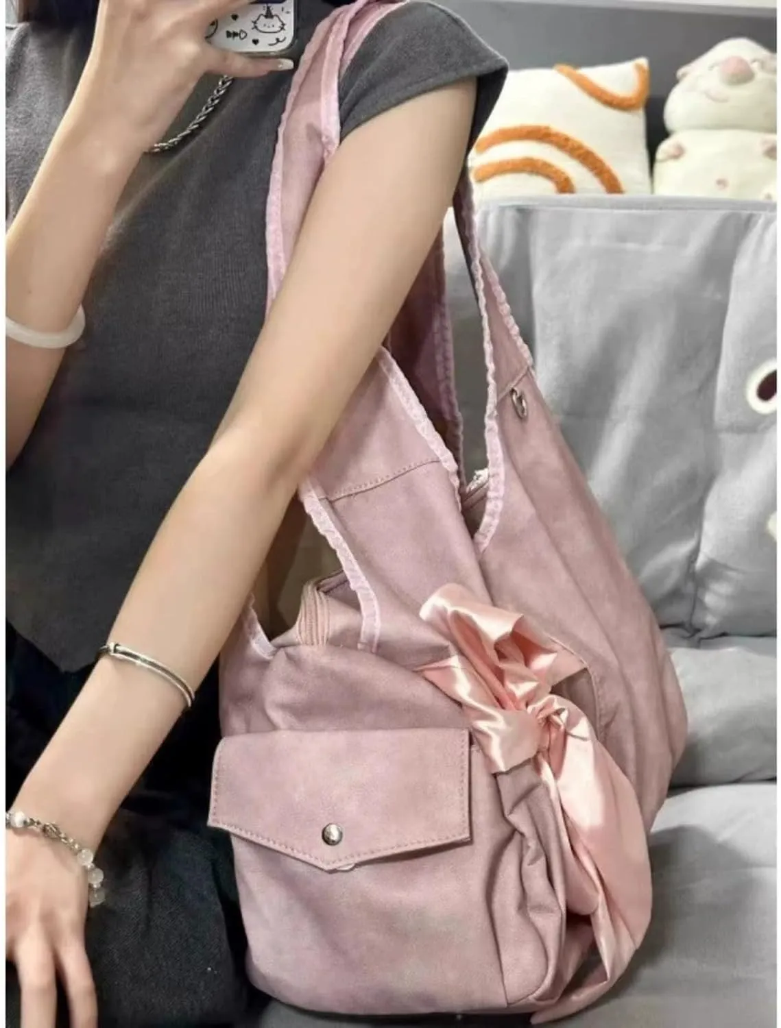 Pokn Cute BowTote Bag Kwaii Shoulder Bags Aesthetic Satin Handmade Purse Y2K Butterfly Shoujo Totebags